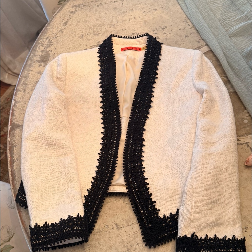 Alice + Olivia Cream Jacket with Black Trim and Orange Label